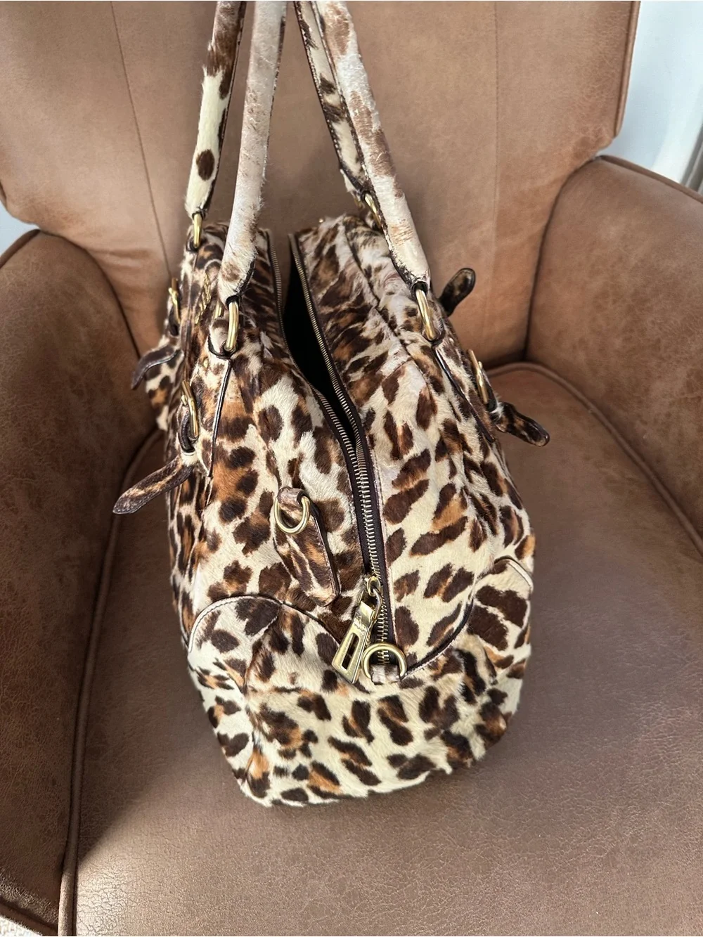 Prada Leopard-Print Calf Hair Satchel - Brown/Black/Beige bag / tote